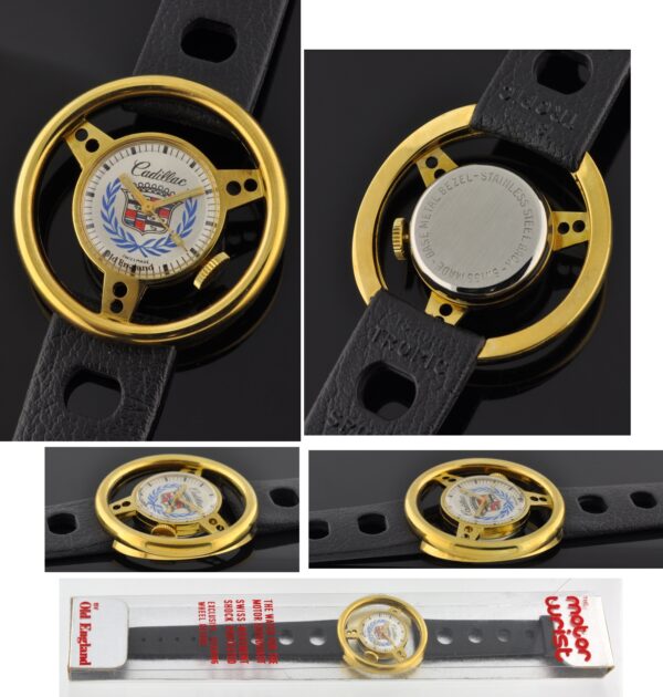 1970s Cadillac Steering Wheel gold-plated watch with original box, case, rubber Tropic band, and cleaned, accurate manual winding movement.
