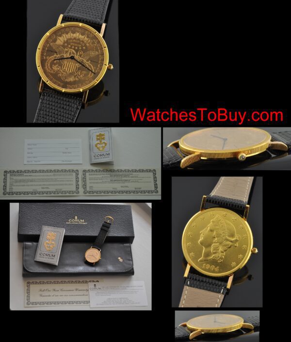 1990s Corum $20 eagle-coin solid-gold watch with original coin-edge case, decorative bezel, sapphire crystal, and battery operated movement.