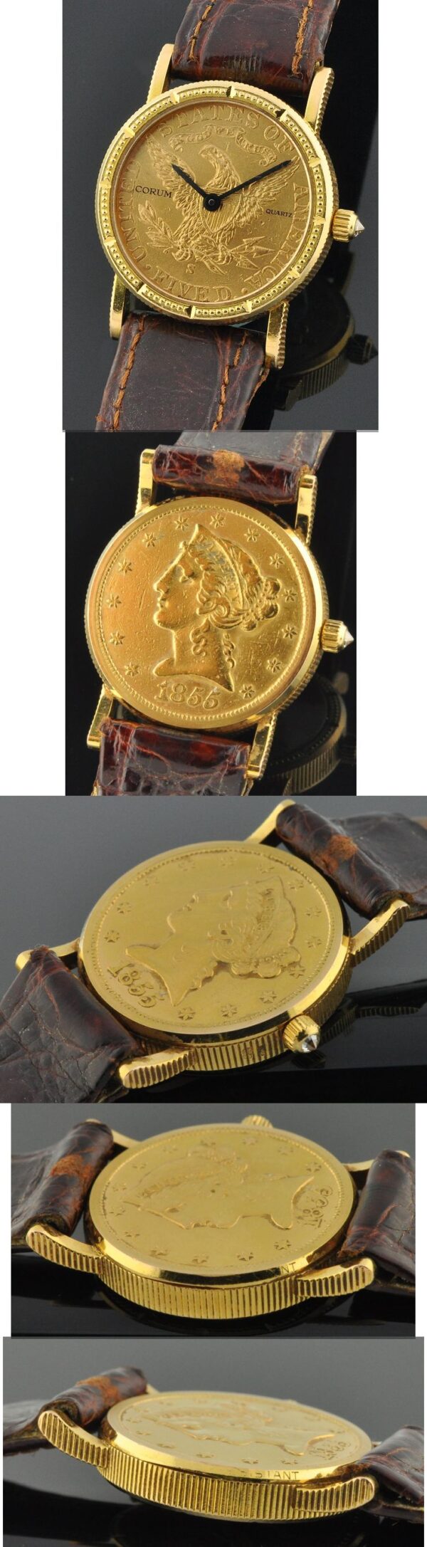 1980s Corum $5 coin 18k gold watch with original coin-edge case, decorative bezel, sapphire crystal, and cleaned battery operated movement.