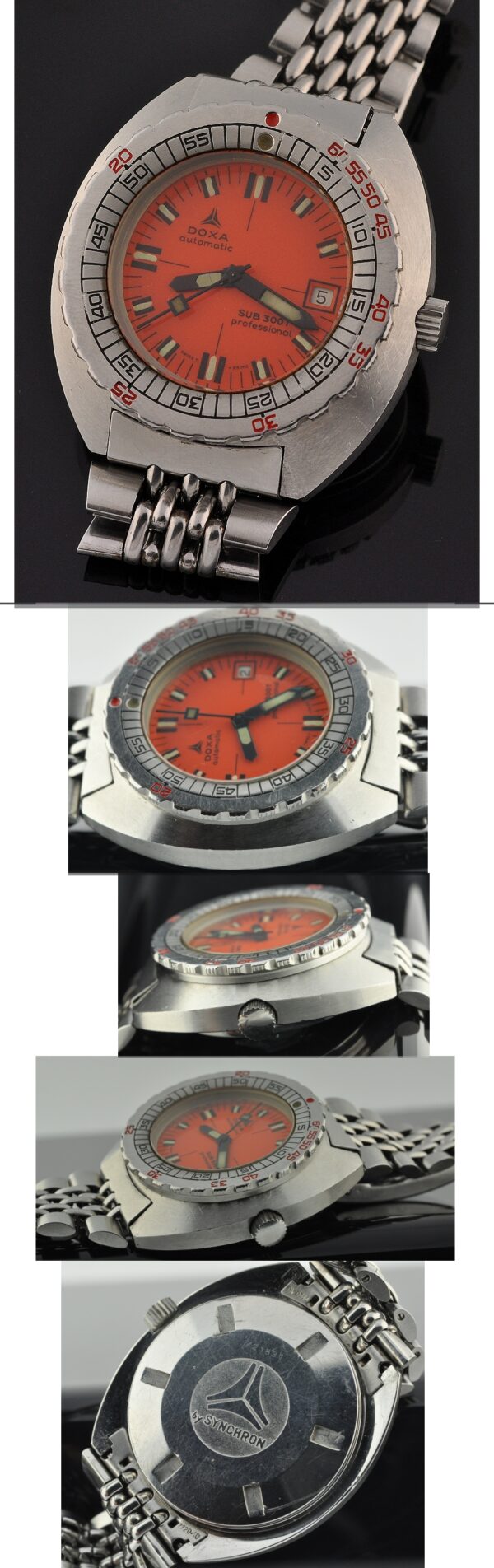 1970 Doxa Sub 300T Professional stainless steel dive watch with original sapphire crystal, beads-of-rice bracelet, stretch buckle, and dial.