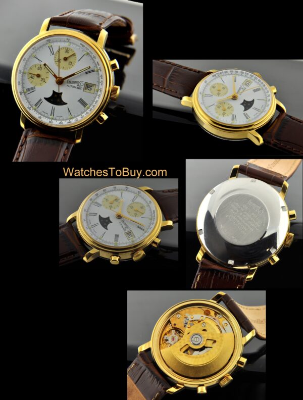 1987 Eberhard gold-plated limited-edition chronograph watch with original case, moonphase, and accurate automatic winding movement.
