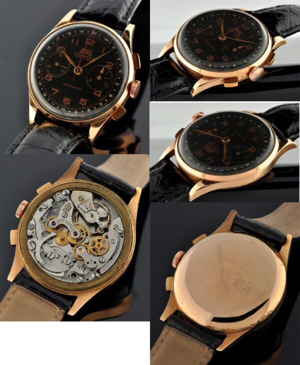 1940s Egona 18k rose-gold chronograph watch with original case, dust cover, winding crown, square pushers, black dial, and clean movement.