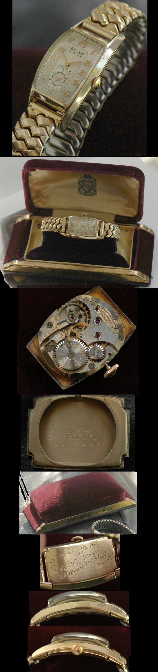 1940s Gruen Curvex gold-filled watch with original velvet box, case, signed winding crown, inscription, and cleaned manual winding movement.