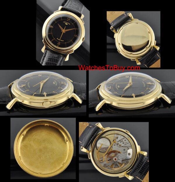 1957 Hamilton Electric Van Horn 14k yellow-gold watch with original setting crown, black dial, Dauphine hands, case, and sweep seconds.