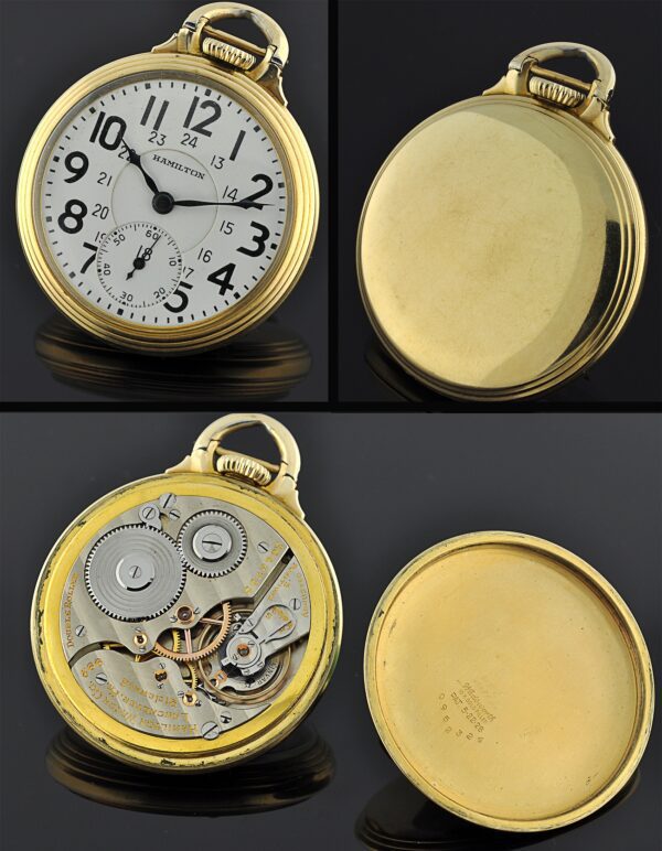 1936 Hamilton 992 gold-filled railroad pocket watch with original sunken 24-hour porcelain dial, hands, case, and manual winding movement.