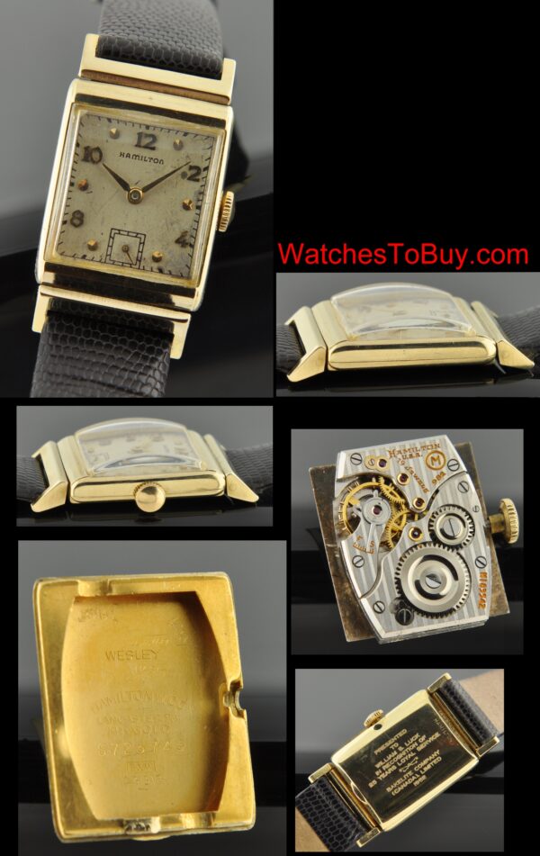 1951 collectable 23x41mm Hamilton Wesley 14k solid-gold watch with original case, nostalgic inscription, and dial.