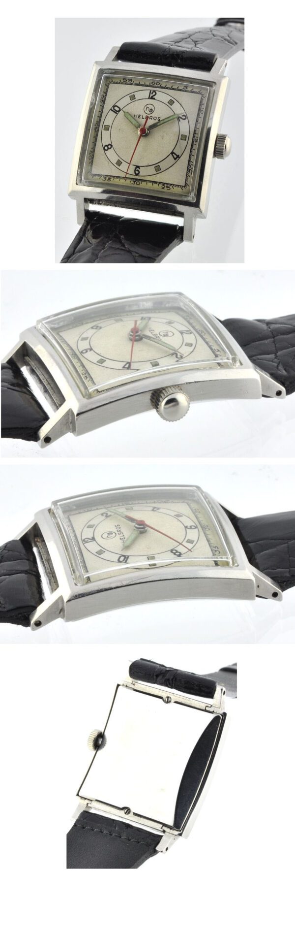 1940s Helbros stainless steel waterproof watch with original square case, dial, two-tone register, hands, and clean manual winding movement.