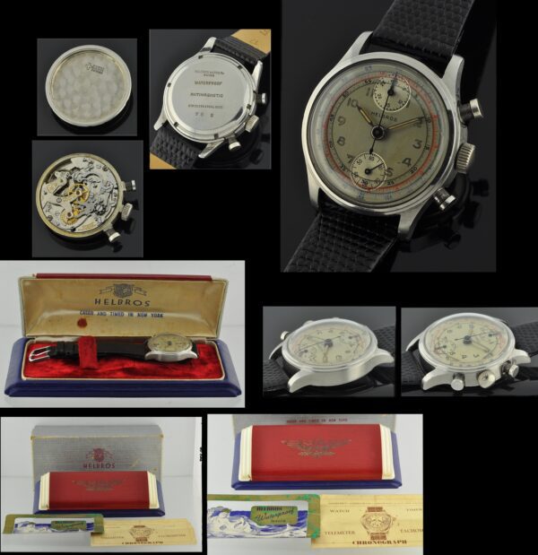 1940s Helbros stainless steel chronograph watch with original boxes, papers, screw-back case, round pushers, and cleaned Venus 170 movement.