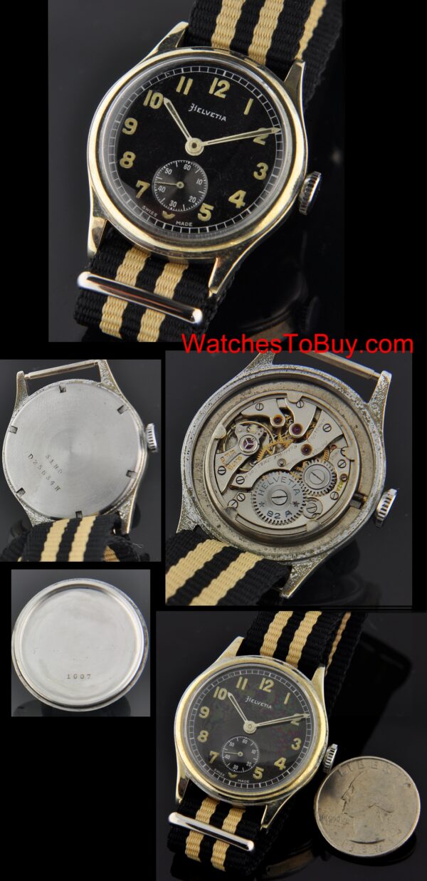 Helvetia stainless steel German-Military WW2-era watch with original gilt printing, black dial, hands, and cleaned manual winding movement.