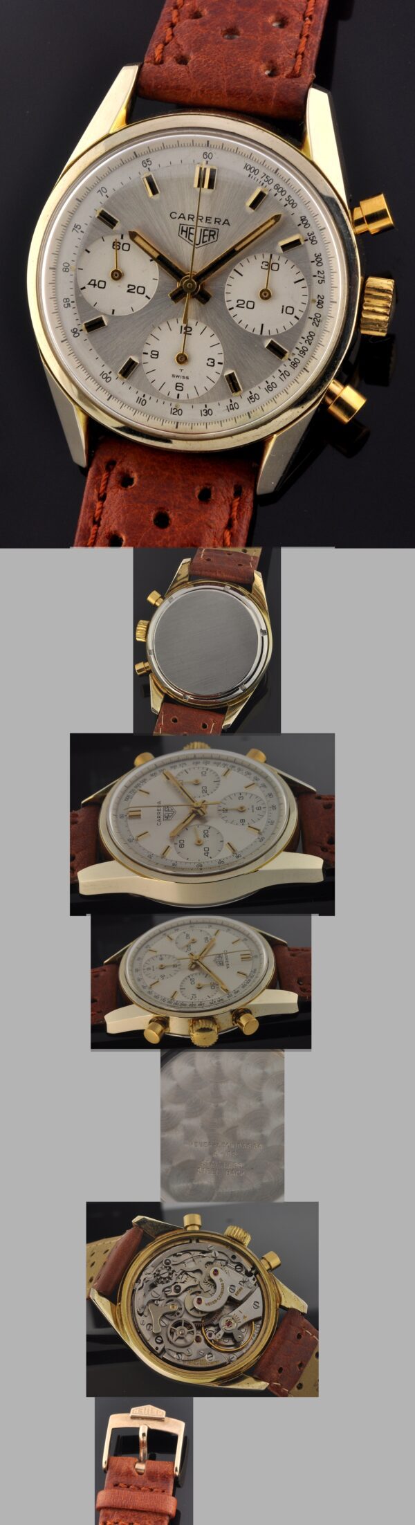 1960s Heuer Carrera gold-plated chronograph watch with original case, silver two-tone dial, baton hands, and Valjoux 72 manual movement.