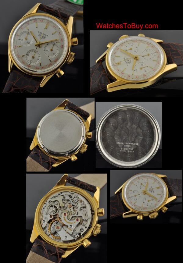 1967 Heuer Carrera gold-plated chronograph watch with original signed case, dial, tachymeter scale, hands, and Valjoux 72 movement.