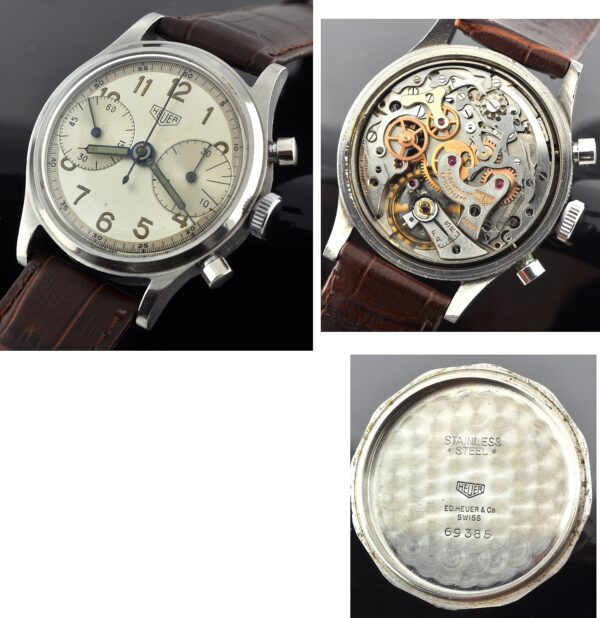 1950s Heuer stainless steel chronograph watch with original screw-back case, oversized registers, hands, two-tone dial, and manual movement.