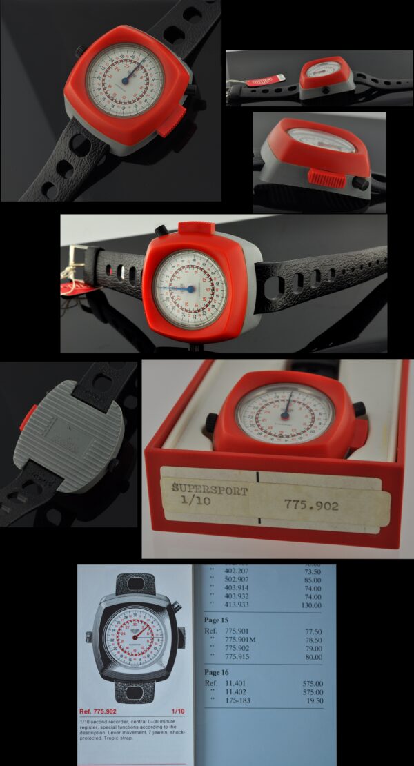 1971 Heuer Super Sport stainless steel stopwatch with original inner and outer boxes, hang tag, tropic strap, and catalogue.