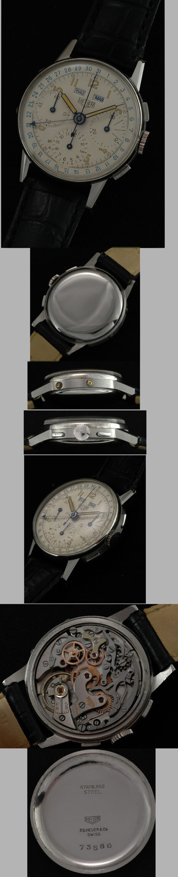 1950s Heuer stainless steel chronograph watch with original case, dial, numerals, blue date register, and triple-date Valjoux 72C movement.