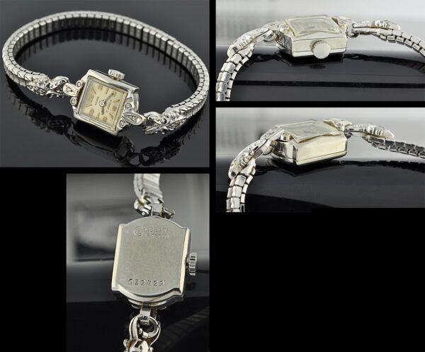 1950s Hickox 14k white-gold cocktail watch with original authentic diamond, stretch bracelet, and cleaned, accurate manual winding movement.