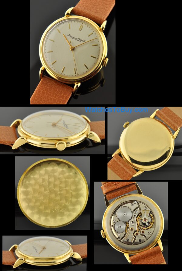 1950s IWC 18k solid-gold watch with original restored dial, stick hands, raised markers, case, and cleaned, accurate caliber 89 movement,