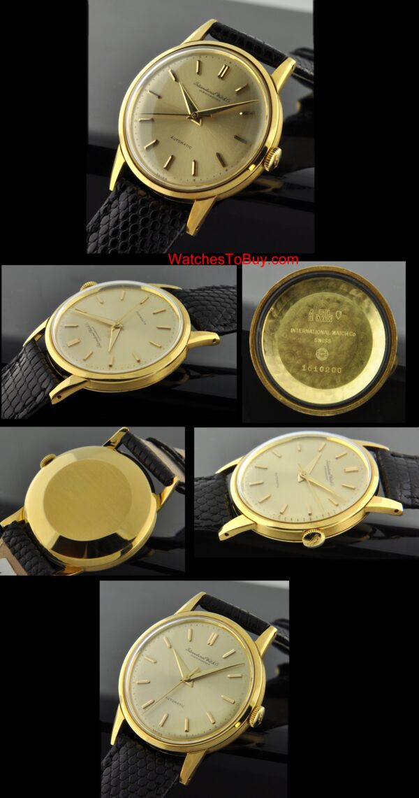 1957 IWC 18k yellow-gold watch with original fish-logo winding crown, dial, Dauphine hands, large size, and automatic winding movement.