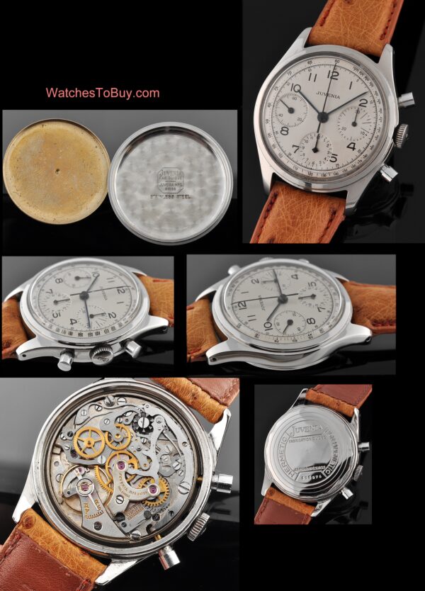1950s Juvenia stainless steel chronograph watch with original screw-back case, clean lines, sub-registers, and manual winding movement.