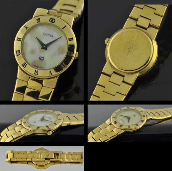 Modern Gucci gold ladies 25.5mm watch with original mother-of-pearl dial, good overall condition, new appearance, and full-length bracelet.