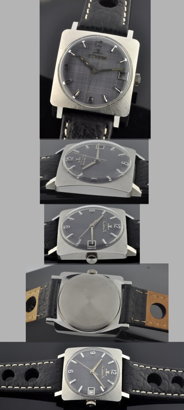 1960s LeCoultre stainless steel watch with original square-shaped case, winding crown, slate-grey dial, and cleaned manual winding movement.