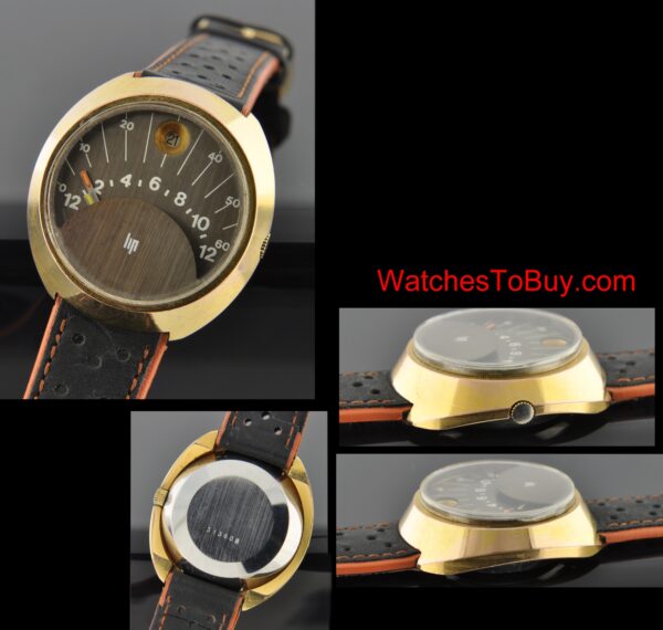 1970s Lip gold-plated retrograde watch with original bronze dial, orange hour hand, quickset date, and accurate automatic winding movement.