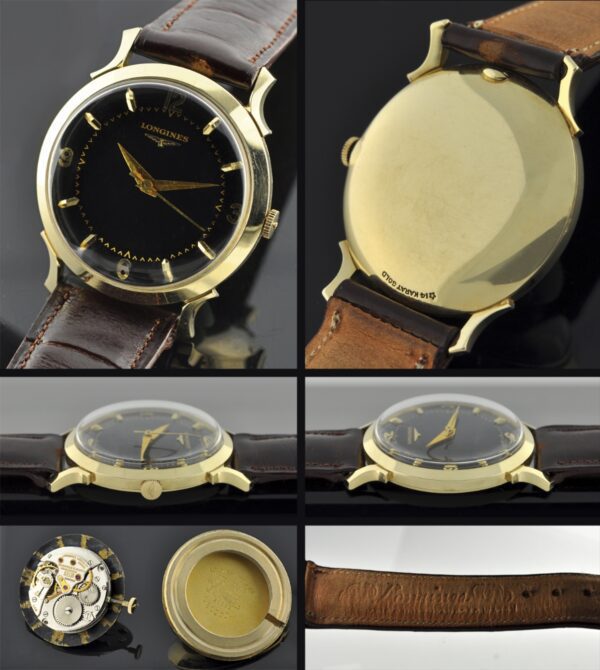 1954 Longines 14k solid-gold watch with original fancy lugs, winding crown, buckle, leather band, black dial, and manual winding movement.