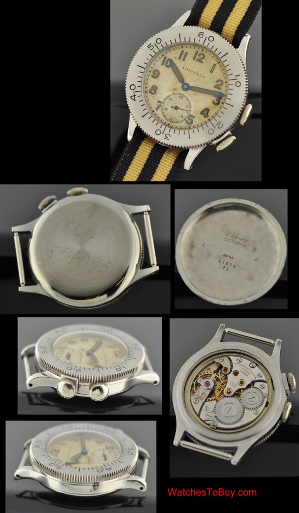 1940s Longines Weems stainless steel watch with original wide-turning bezel, hands, dial, RCAF markings, and manual winding 10L movement.