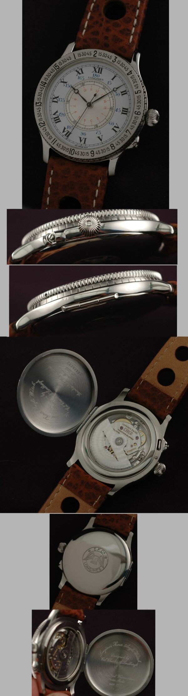 Re-edition Longines Charles Lindbergh stainless steel chronograph watch with original hinged case, winding crown, and automatic movement.