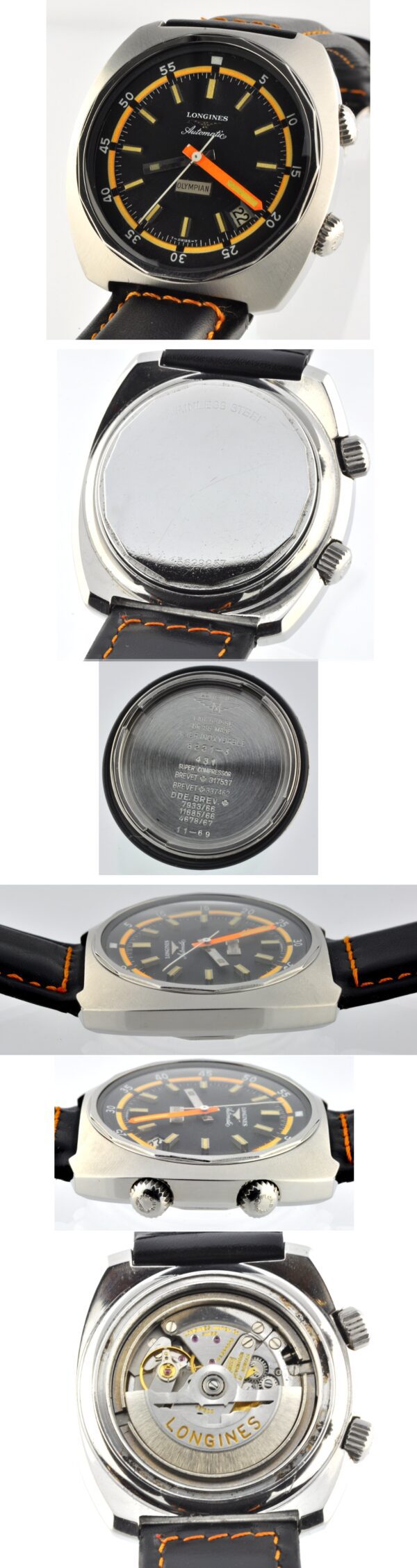 1970s Longines Olympian stainless steel dive watch with original case, black dial, orange baton minute hand, and automatic winding movement.