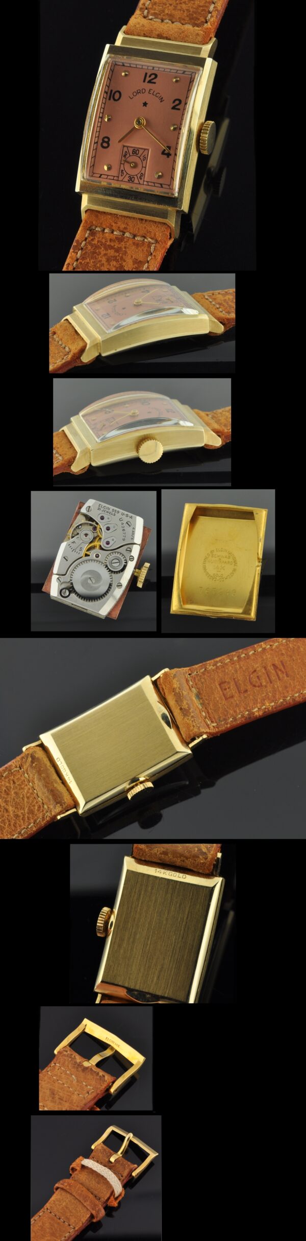 1950s Lord Elgin 14k solid-gold new-old-stock watch with original pigskin band, signed buckle, champagne dial, and manual winding movement.