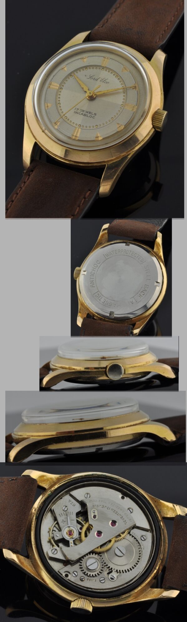1950s Lord Elco gold-filled watch with original sunken, two-tone, quadrant-style dial, screw-back case without any dings or scratches.