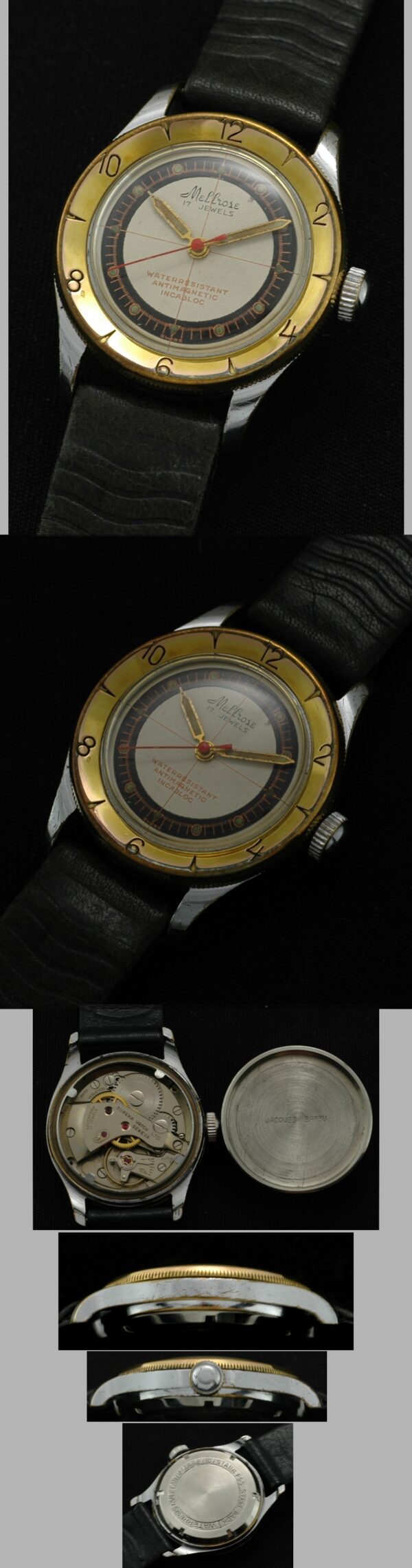 1950s Mellrose chrome-plated watch with original bullseye dial, gold-toned bezel, arrow markers, pencil hands, and manual winding movement.