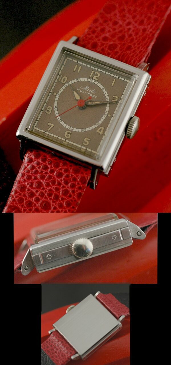 1940s Mido Multifort stainless steel watch with original small case, dial, white seconds register, red sweep seconds, and manual movement.