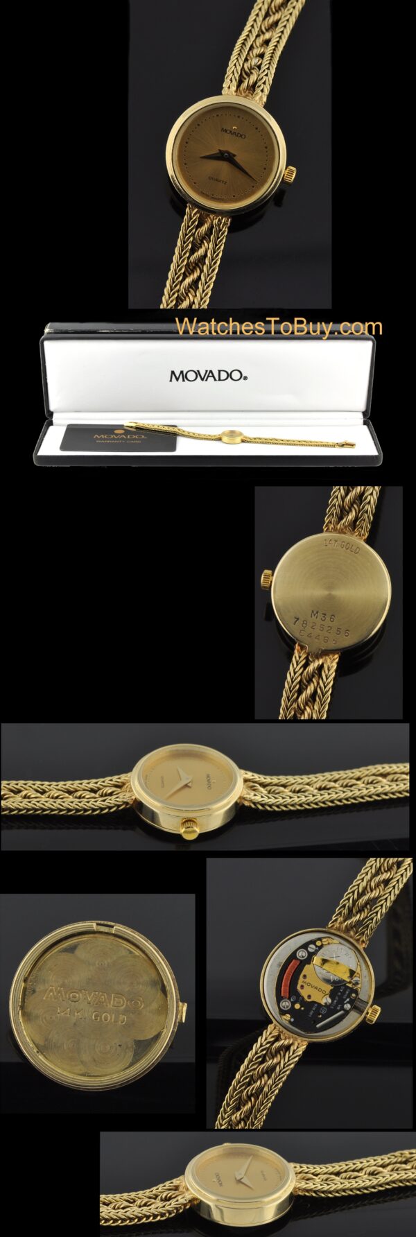 Movado 14k solid-gold watch with original braided bracelet, Dauphine hands, dial, inner and outer boxes, and accurate quartz movement.