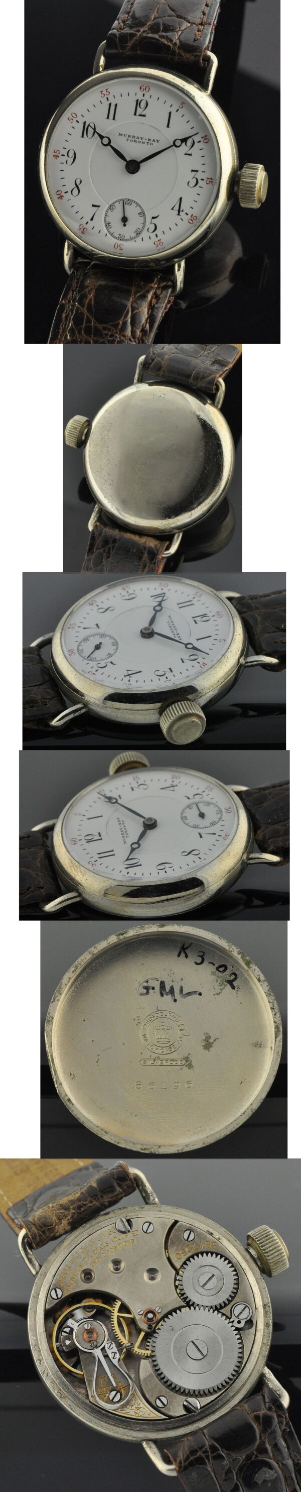 1920s Murray Kay Toronto silveroid watch with original case, large winding crown, enamel dial, sub-seconds, and manual winding movement.