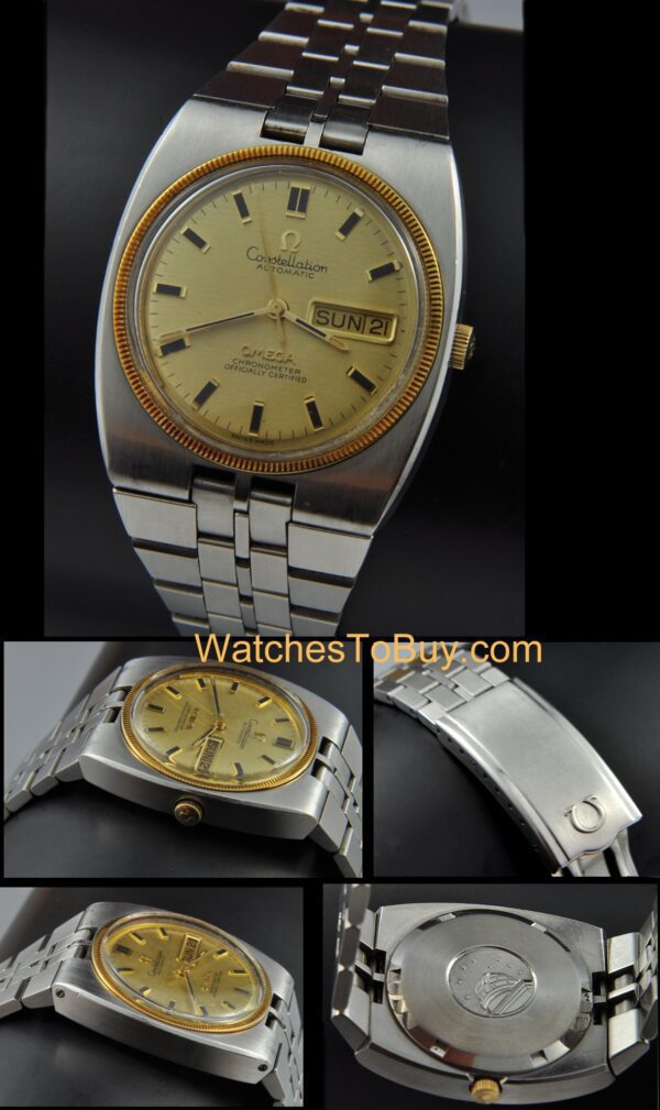 1970s Omega Constellation stainless steel watch with original gold bezel, crown, bracelet, hesalite crystal, and chronometer-grade movement.