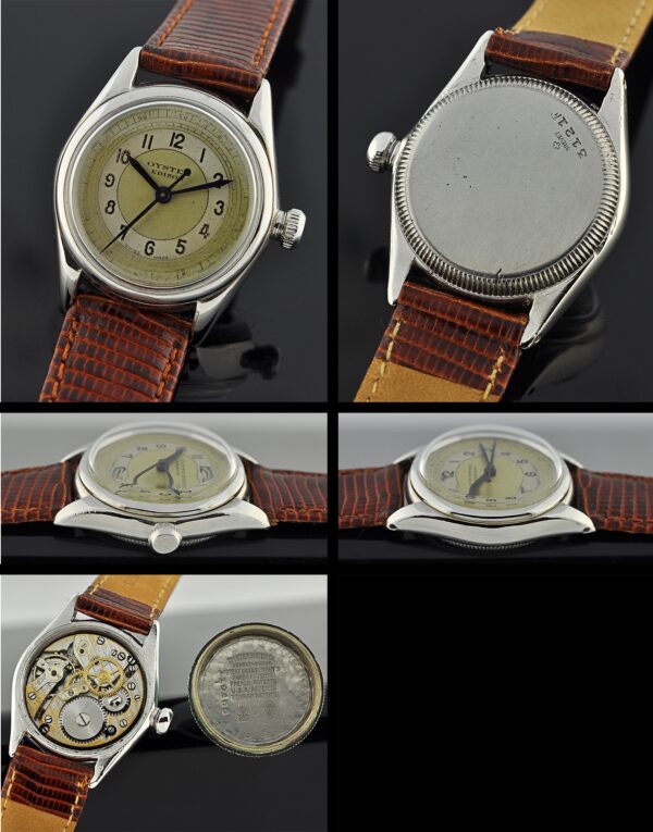 1941 Oyster Edison stainless steel military watch with original small case, dial, Arabic numerals, sweep seconds, and caliber 59 movement.