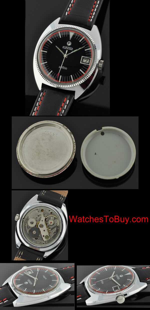 1960s Roamer Anfibio stainless steel watch with original c-shaped case, screw back, red outer edge, dial, and clean manual winding movement.