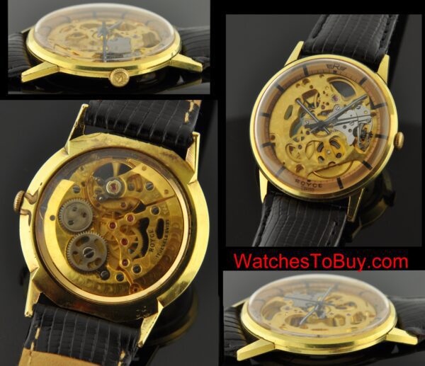 1970s Royce gold-plated skeleton watch with original transparent case, narrow bezel, large appearance, and recently cleaned movement.