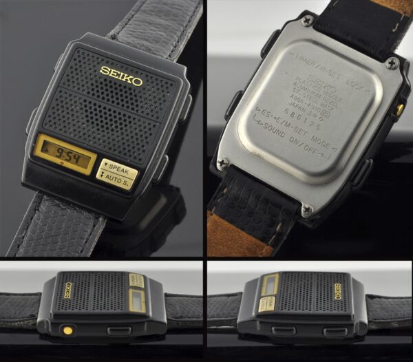 1980s Seiko anodized steel talking watch with original leather band, signed buckle, and accurate digital movement.