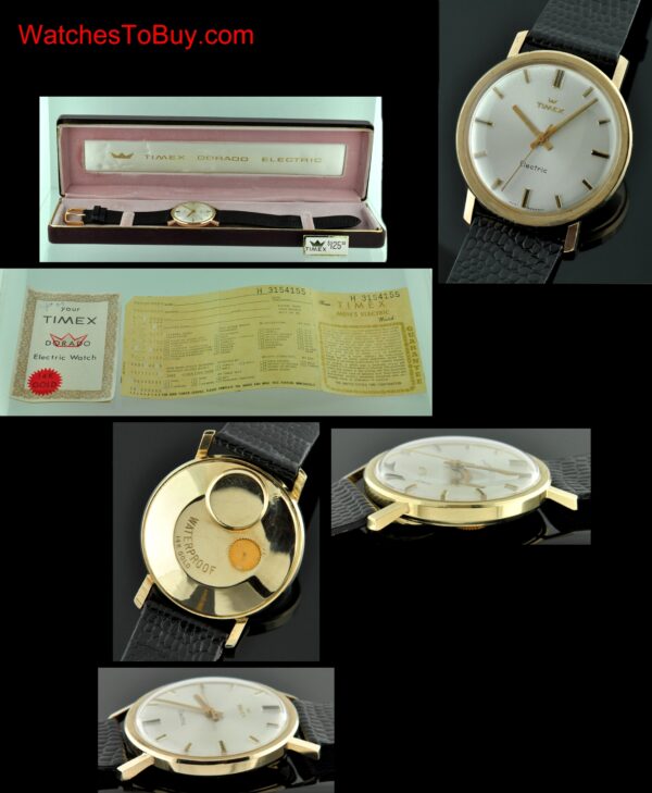 1960s Timex Dorado Electric 14k yellow-gold watch with original silver dial, box, papers, hangtag, case, and accurate electric movement.