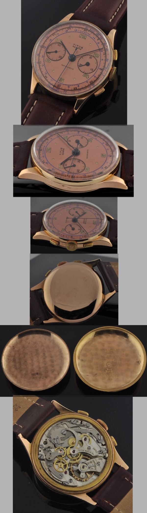 This is a large (36.75mm) 18k rose-gold Titus chronograph dating to the 1940s.