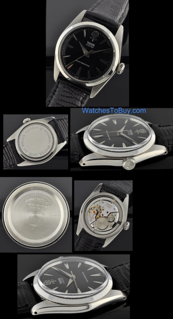 1950s Tudor Oyster stainless steel watch with original black dial, big rose logo, Dauphine hands, arrow markers, and clean manual movement.