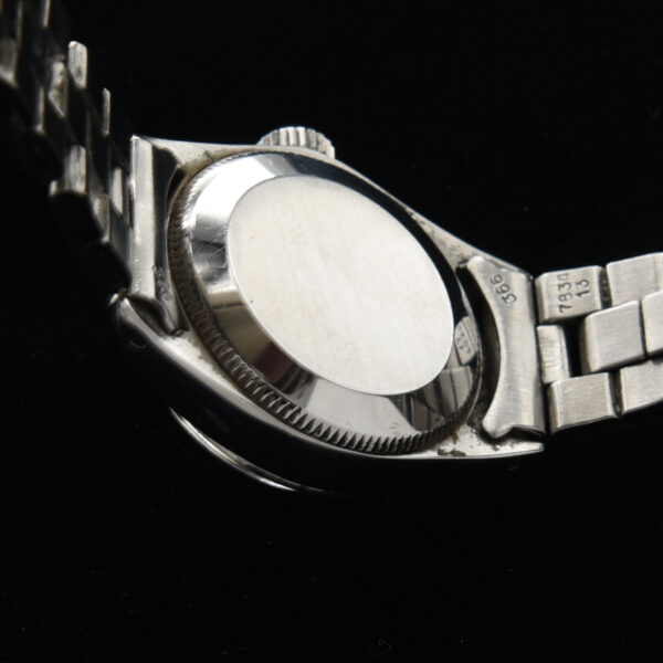 This ladies 1973 Rolex Oyster Perpetual watch displays amazing condition for its age. The 25mm (demure) stainless steel case comes from an era when ladies watches were subtle.