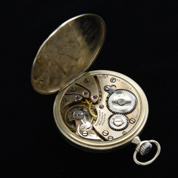 Here is a 42mm 1930s vintage Rolex pocket watch housed in a 'platinette' case; which is likely rhodium and platinum mixed we would guess.