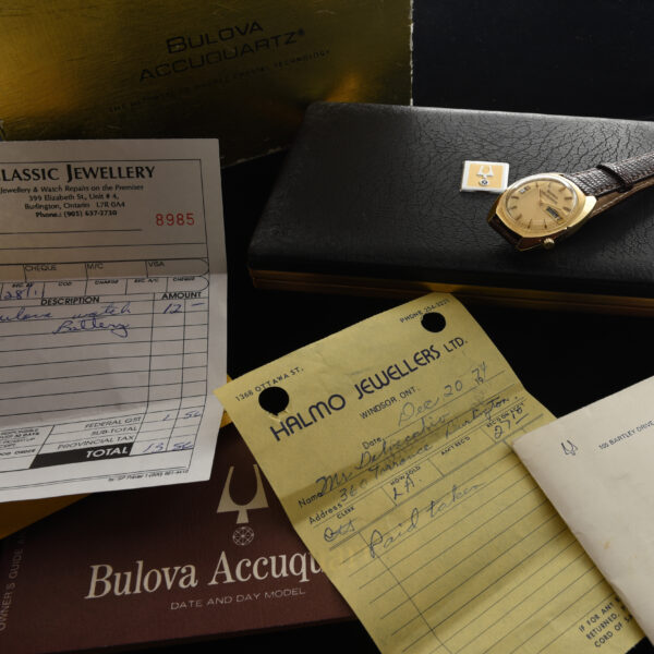 This is a 36mm, solid gold Bulova Accuquartz time capsule dating to 1972. This watch is literally pristine and comes complete with the original and rare box (filled out) papers and even battery receipts.