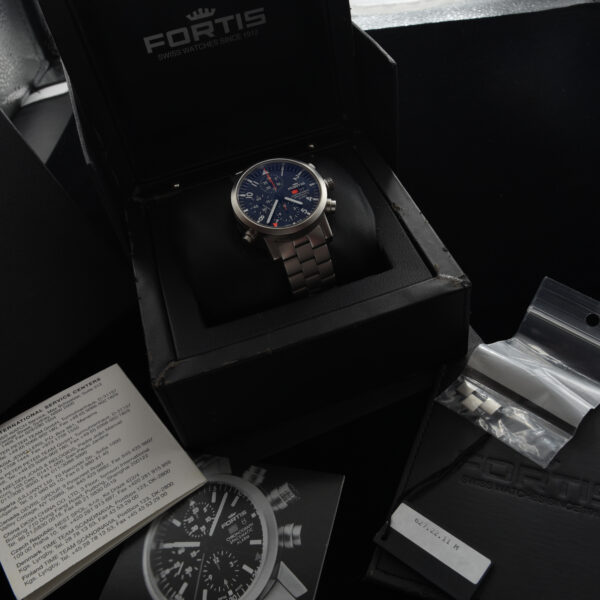 This is a very uncommon circa 2014 Fortis Spacematic chronograph alarm watch. I don't see another available anywhere on the net. This model is the ref. 627.22.11.