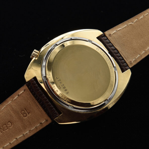 This is a 36mm, solid gold Bulova Accuquartz time capsule dating to 1972. This watch is literally pristine and comes complete with the original and rare box (filled out) papers and even battery receipts.