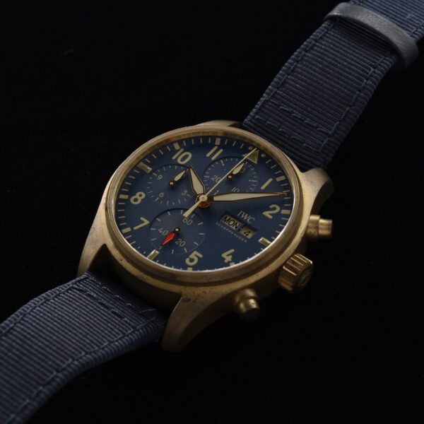 This is a newer 2022 IWC Bronze Pilot Chronograph measuring 41mm. I really love the way these cases take on patina.