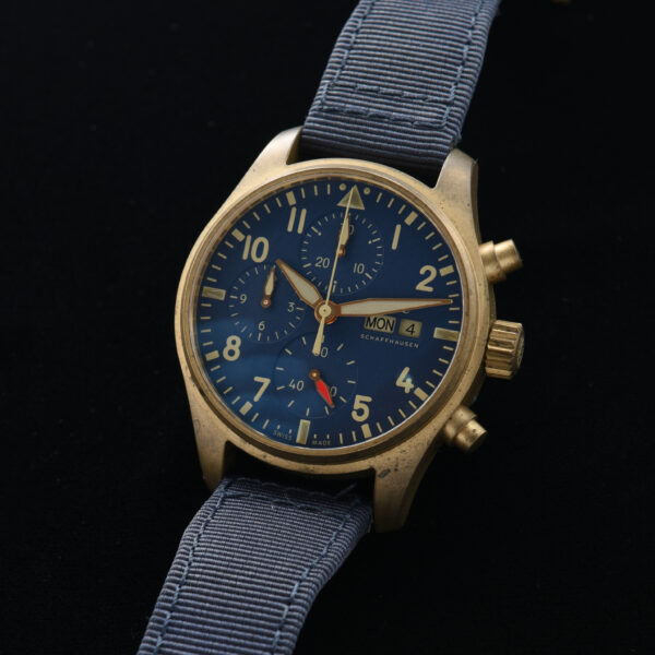 This is a newer 2022 IWC Bronze Pilot Chronograph measuring 41mm. I really love the way these cases take on patina.